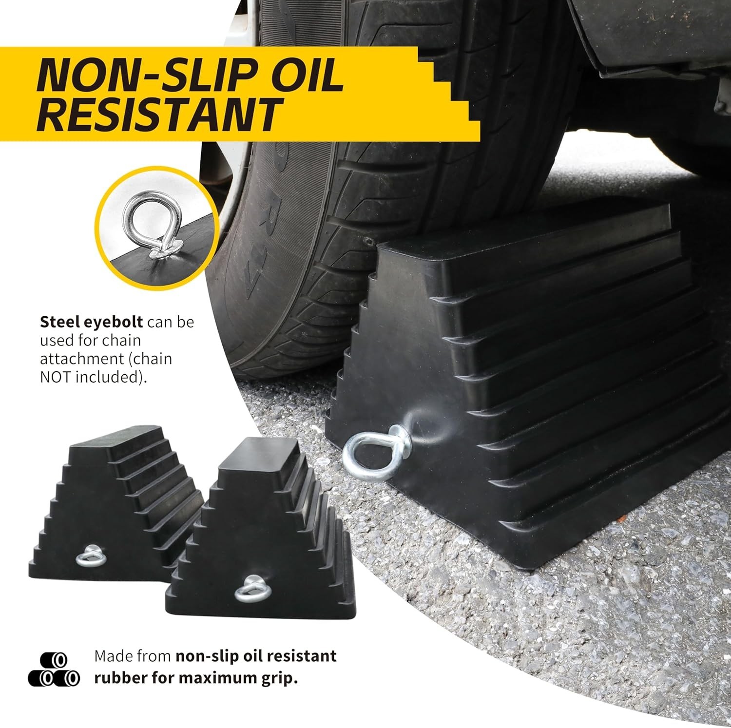 2 Pack Solid Rubber Heavy Duty Wheel Chock with Eyebolt for Truck Trailer RV Car