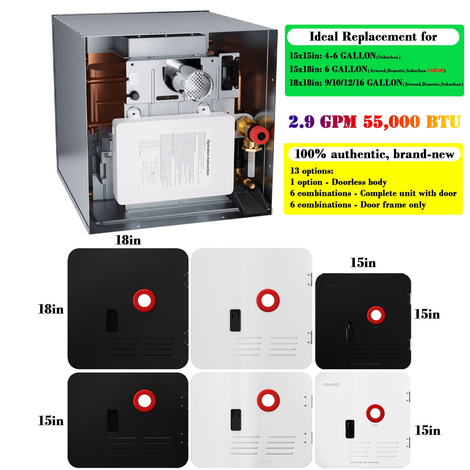 FOGATTI RV Tankless Water Heater Propane Gas 2.9 GPM 55,000 BTU with Controller