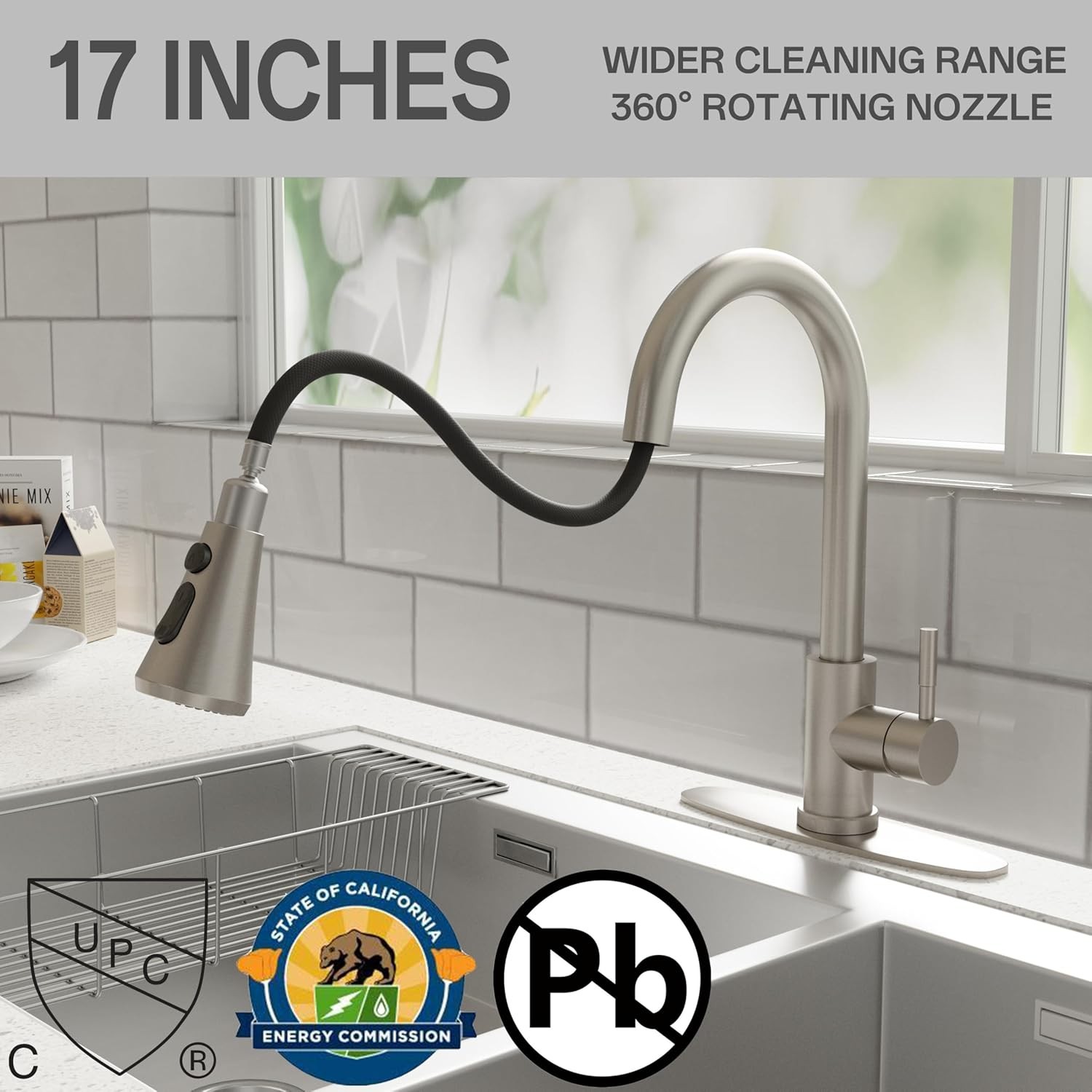 Kitchen faucet with soap dispenser, three-setting adjustable