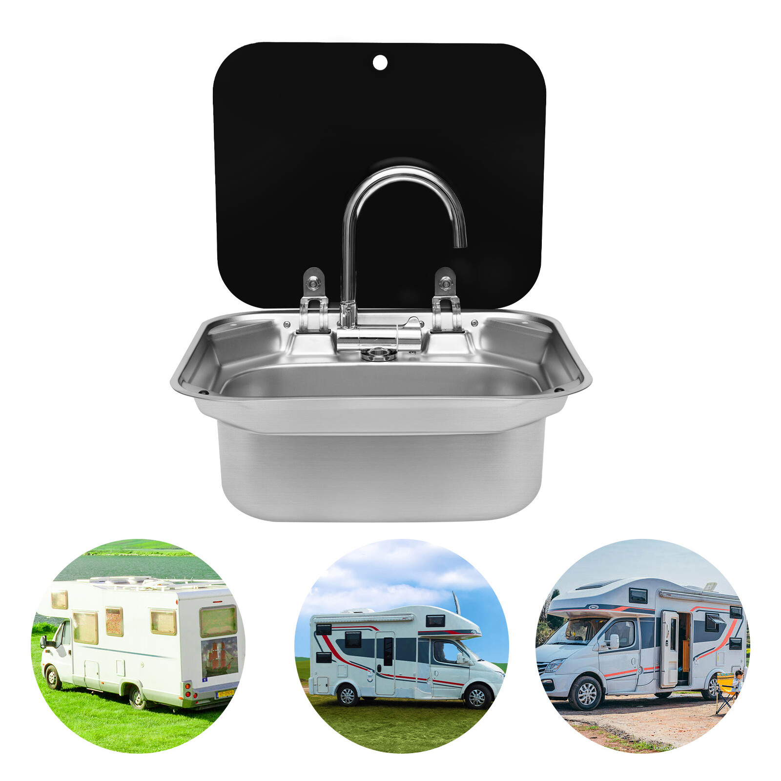 Folding RV Kitchen Sink Unit Square with Stainless Steel Faucet Lid Caravan