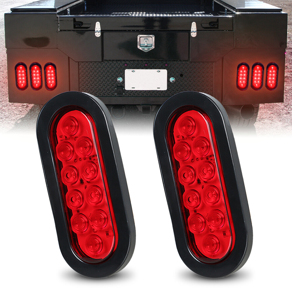 2 Red 6″ Oval Trailer Lights 10 LED Stop Turn Tail Truck Sealed Grommet Plug AAQ