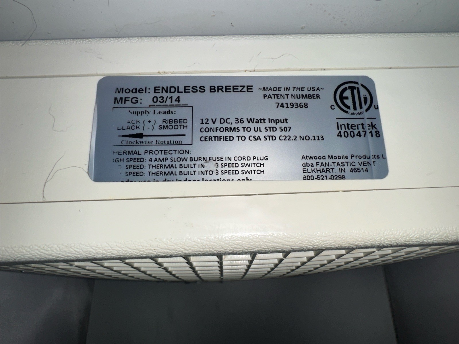 Endless Breeze Travel Box Fan 12 Volt Fan-Tastic Vent Van Car Truck RV