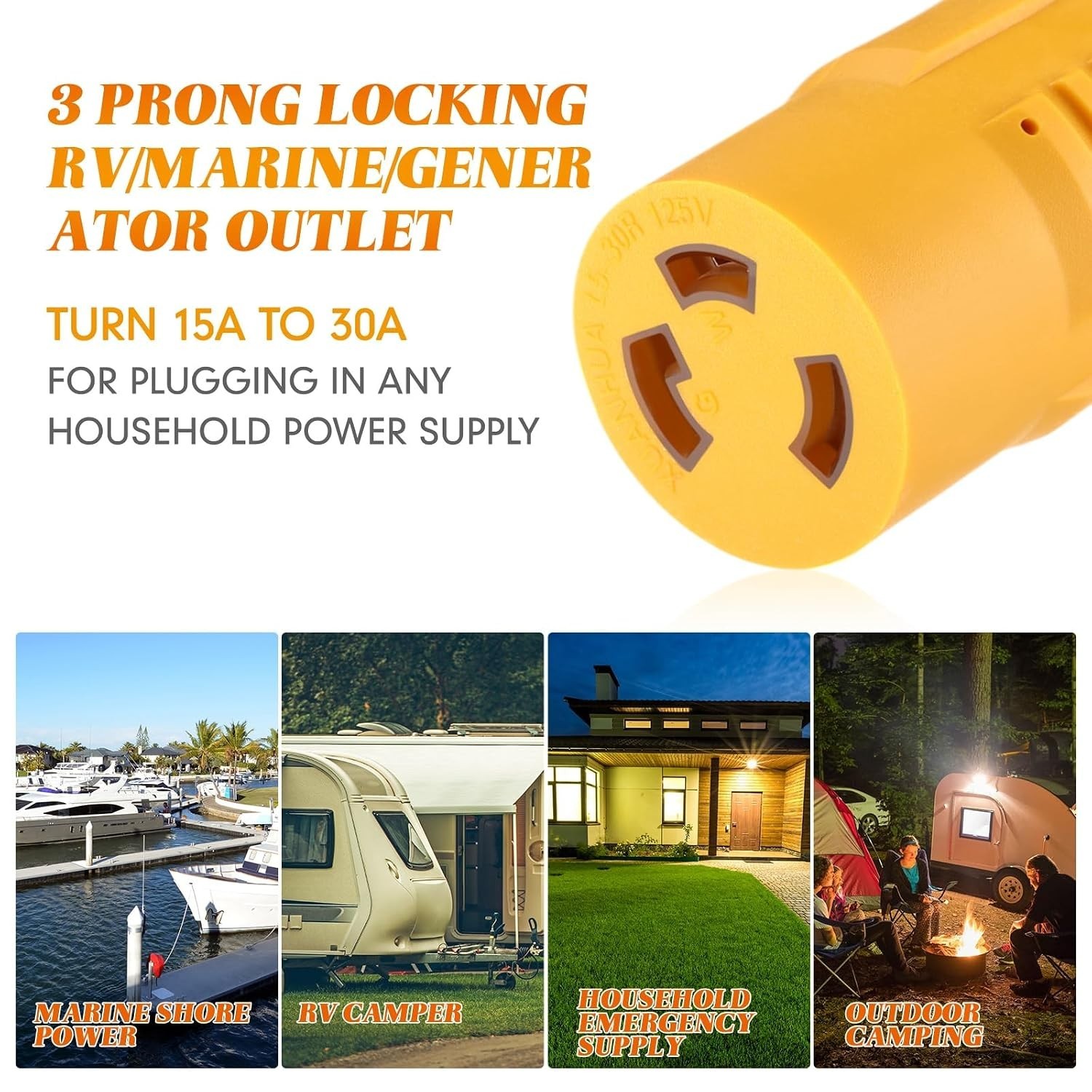 Versatile 3-Prong RV Power Adapter – 15A to 30A Locking Connector for Safety