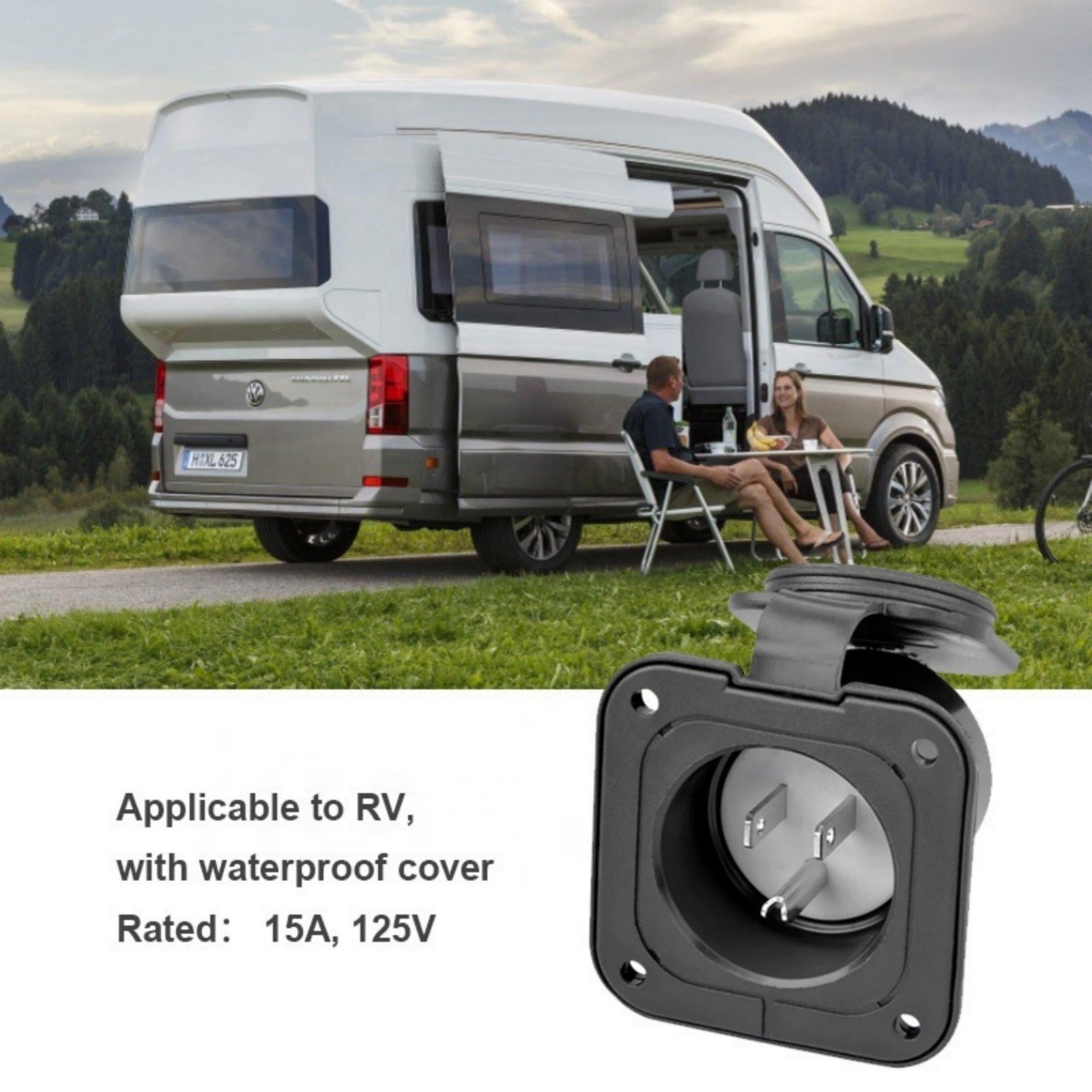 1× 15A 125V RV Power Inlet Receptacle with Waterproof Cap for Camper Marine Boat