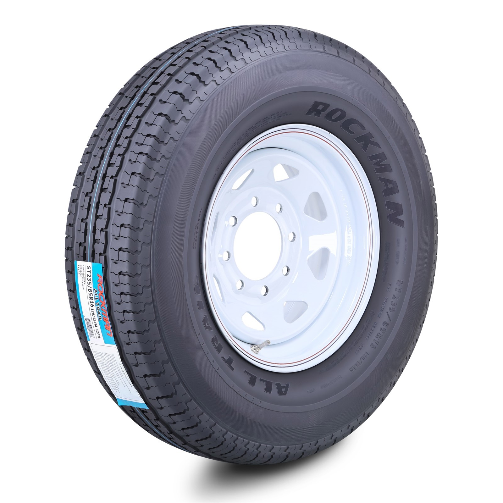 ROCKMAN Trailer Tire Wheel ST235/85R16 12-Ply F 128M 8×6.5 PCD White Spoke Rim