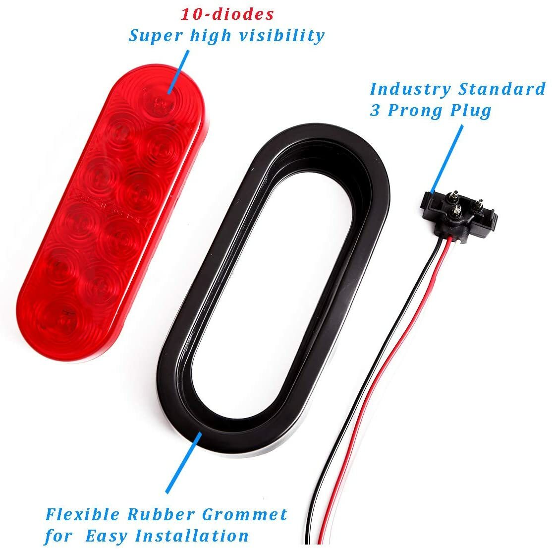 2 Red 6″ Oval Trailer Lights 10 LED Stop Turn Tail Truck Sealed Grommet Plug DOT