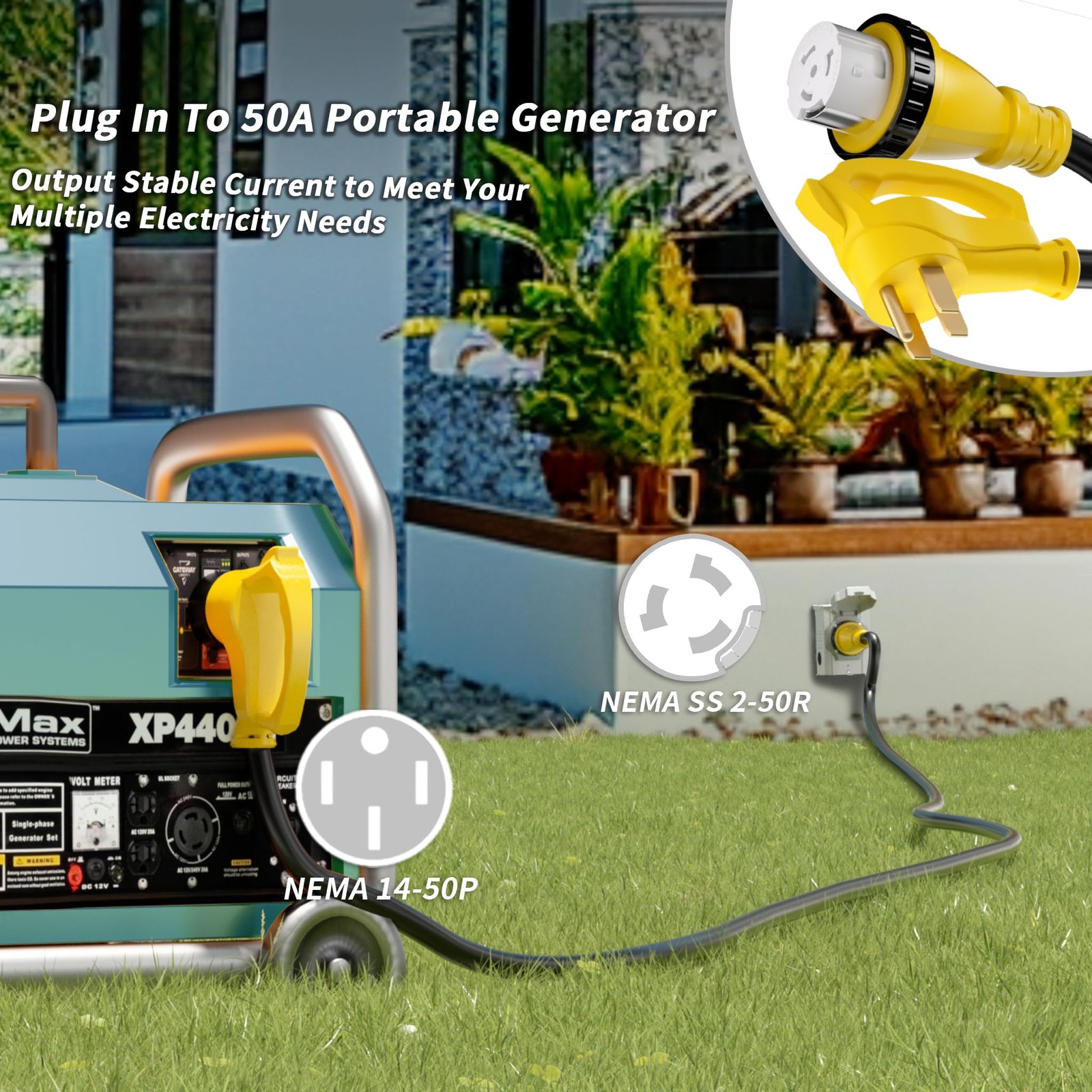PlugSaf 10FT 50A Generator Extension Cord, NEMA 14-50P to SS2-50R, Heavy Duty