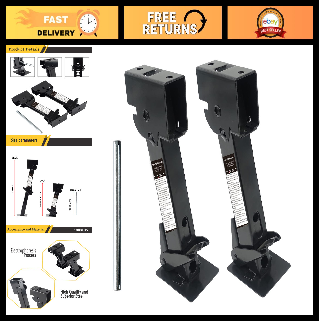Telescoping Trailer Stabilizer Jacks for RVs & Campers – 450kg Capacity, 11.5″-1