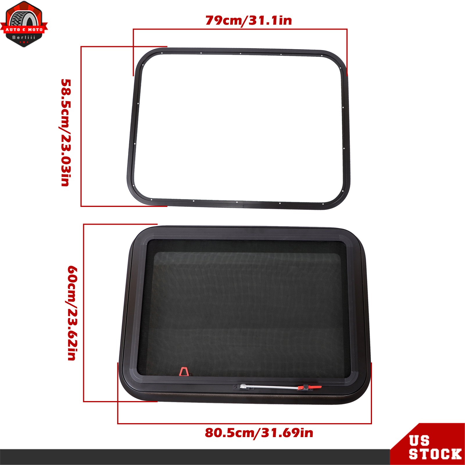 22~36’W × 15~22’H RV Push Emergency Escape Window w /Net Screen w /Trim Ring