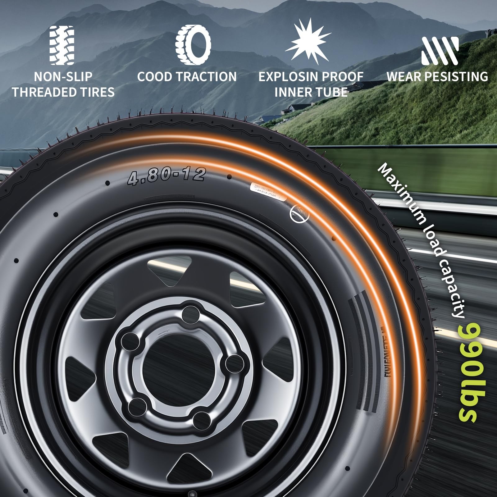 2pcs Trailer Tire on Rims 4.80-12 480×12 4.80×12 6PR Black Wheels ,5 Lug on 4.5″