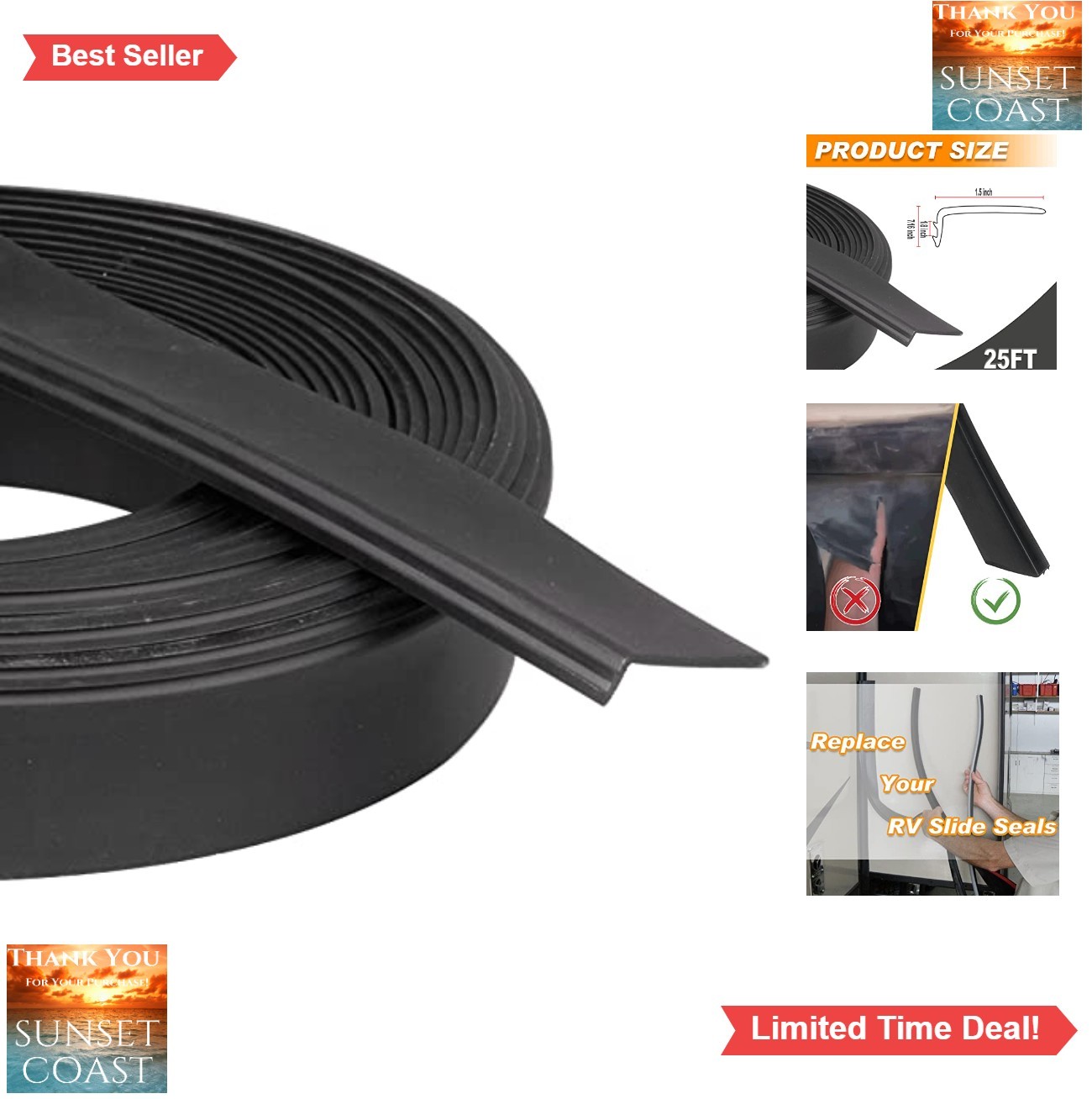 RV Slide Out Seal 1.5 Inch x 9/16 Inch x 25 Feet Waterproof Rubber Clip On For