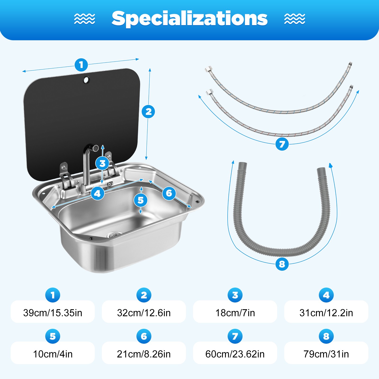 RV Caravan Camper Stainless Steel Hand Wash Basin Kitchen Sink w/ Lid+Faucet Kit