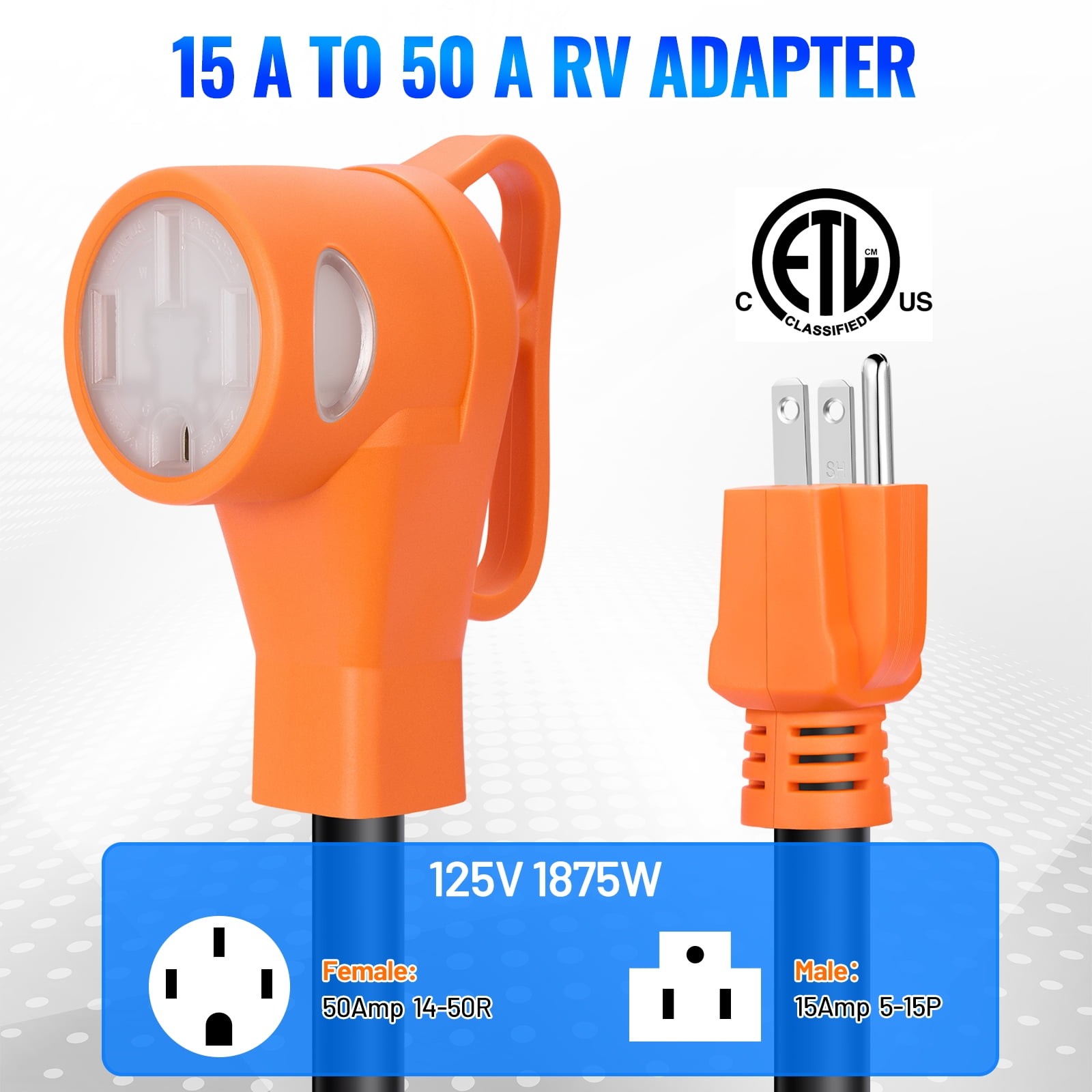 RV Power Adapter 50A to 15A NEMA 14-50P Male to 5-15R Female 12 Inch ETL Listed