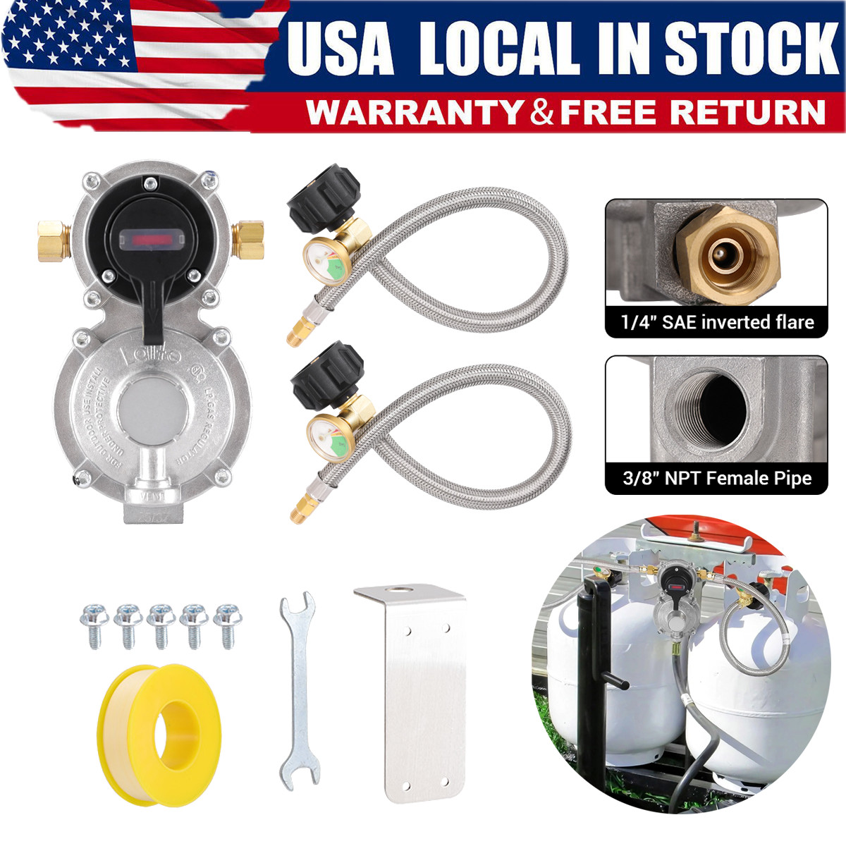 2-Stage RV Propane Regulator Dual Tank Auto Changeover w/Gauges Hoses for Camper