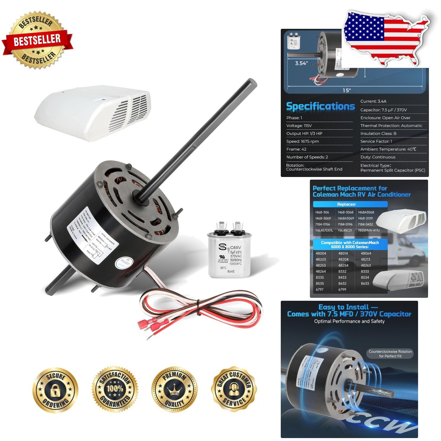 Durable RV AC Fan Motor 1/3 HP 115V 1675 RPM Metal Capacitor Coleman Mach