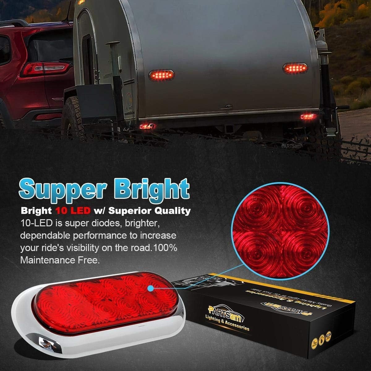 2PCS 6″ Oval Chrome Trailer Truck Red 10 LED Surface Mount Stop Turn Tail Lights