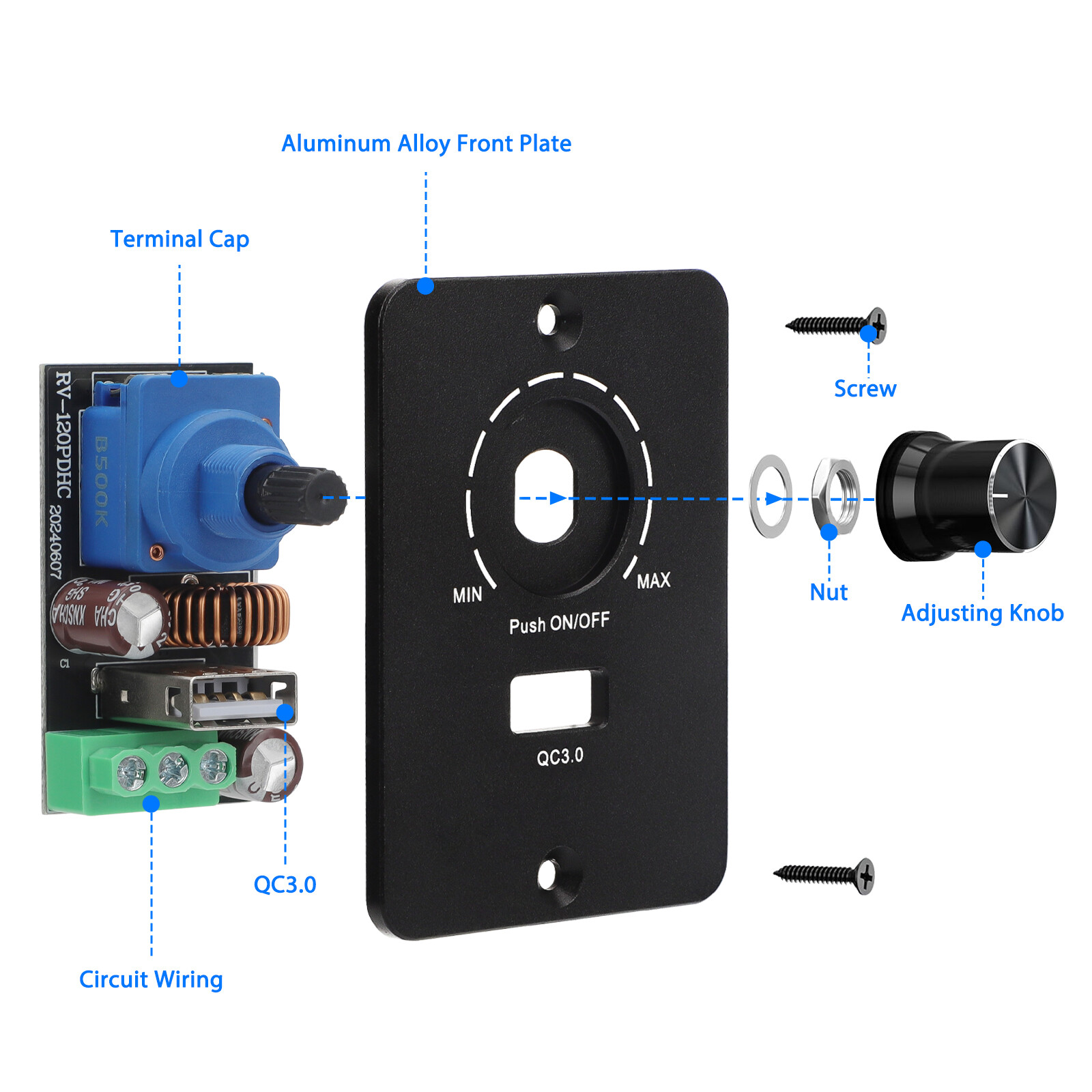 PWM Dimmer Switch DC 12V QC3.0 Fast Charging Rotary Knob Dimming RV Light