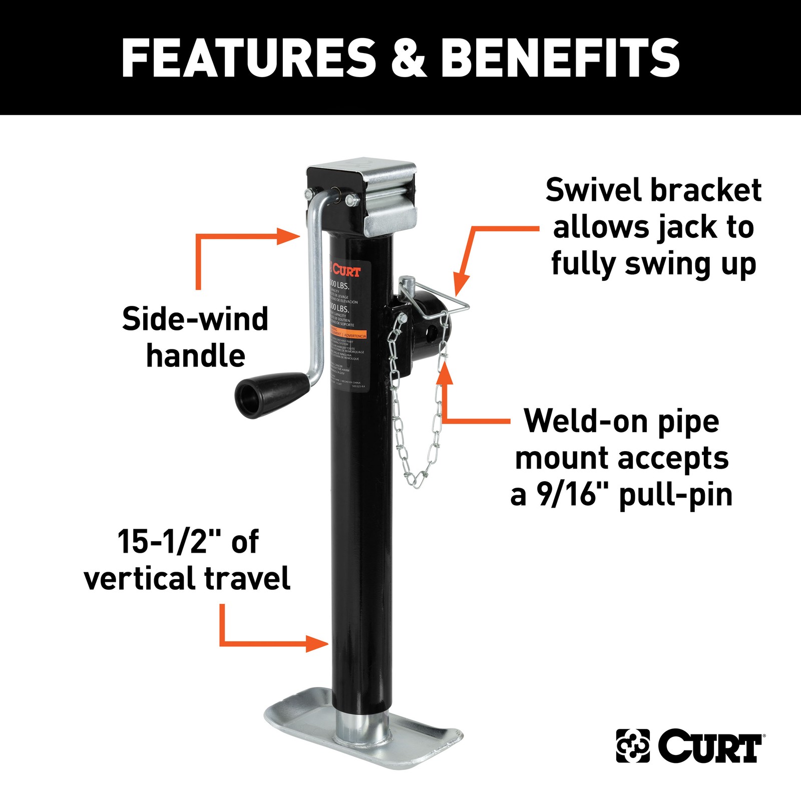 Pipe-Mount Swivel Trailer Jack with Side Handle (5K lbs, 15″ Travel) CURT 25005