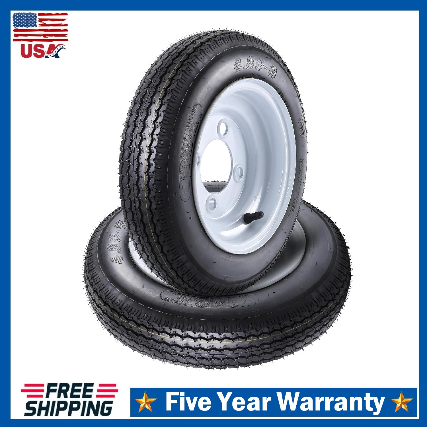 2 Pack 4.80-8 Trailer Tire Rims 4.80×8 480-8 Load Range C 4 Lug Wheel Tire ,6PR
