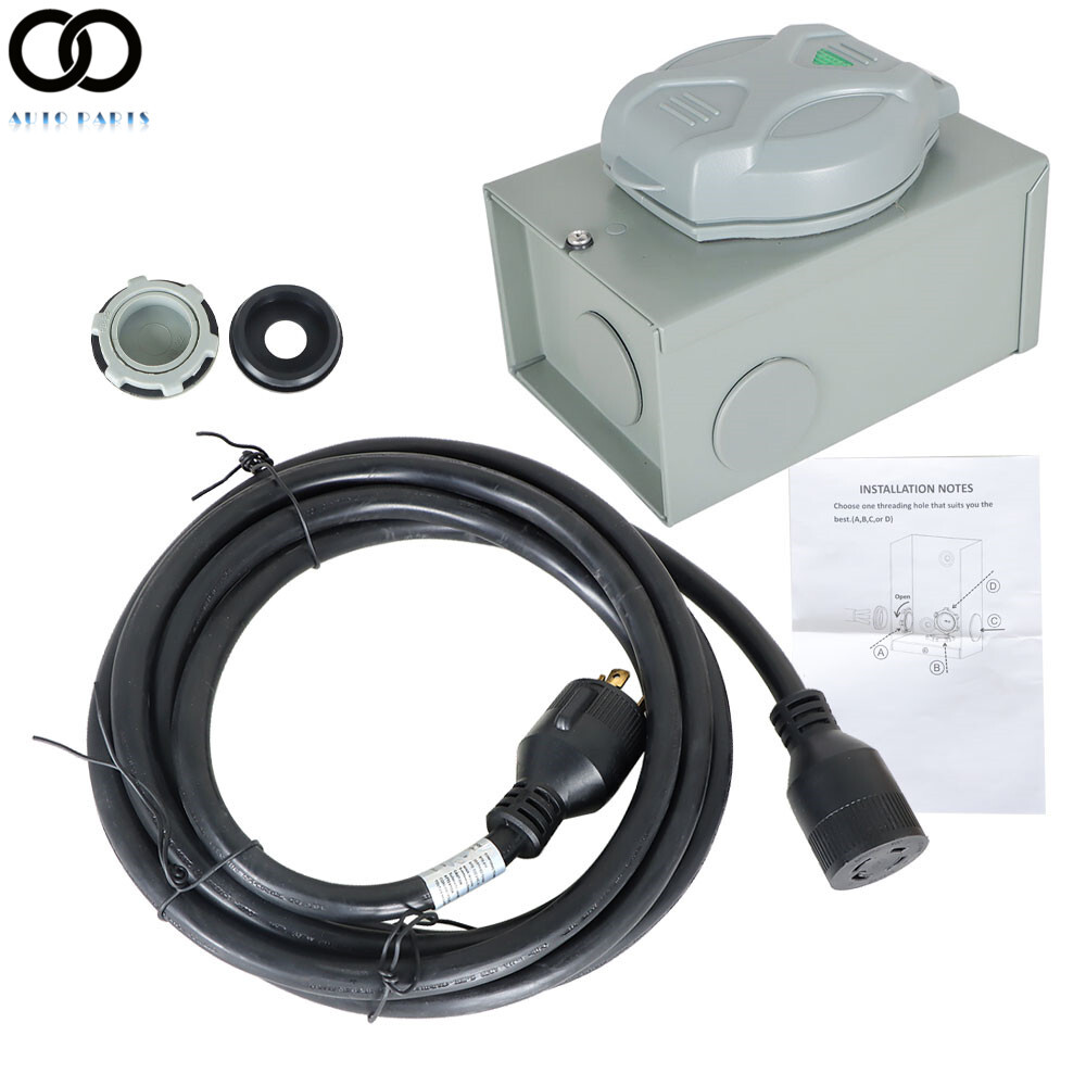 30Amp 15~100 FT Generator RV Power Extension Cord ＆ Pre-Drilled Inlet Box Kit