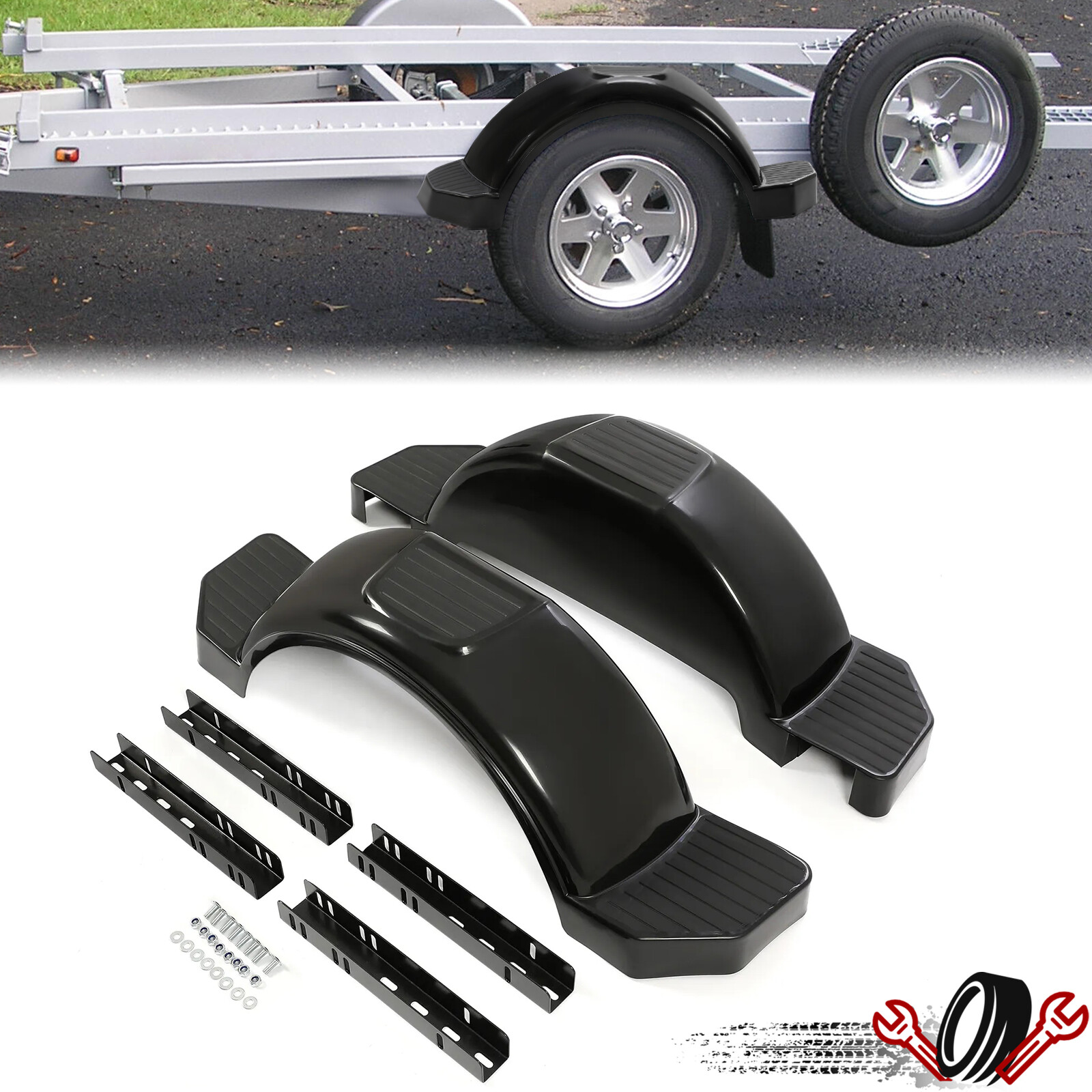 Black Pair of Single Axle Trailer Fenders Fits 13″ Wheels Tire Skirt Boat