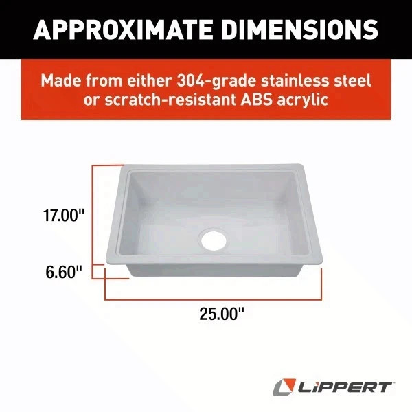 Lippert 809032 Single Kitchen Galley Sink – 25″ x 17″ x 6.6″ White ABS Plastic