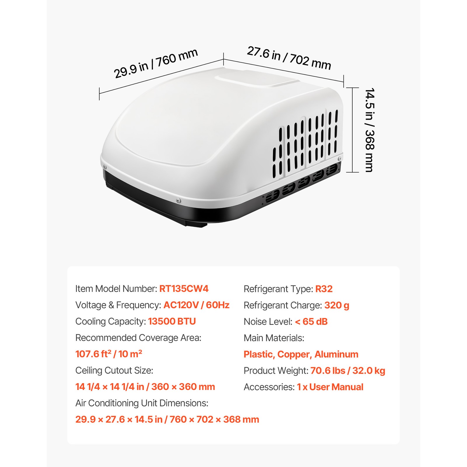 Uimoso 13500 BTU RV Rooftop Air Conditioner, Ducted & Non-Ducted, White