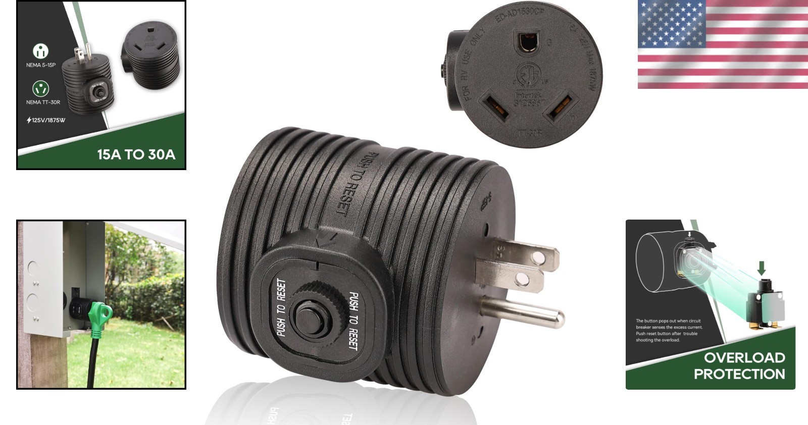 NEMA 5-15P to TT-30R RV Adapter Plug – 30A to 110V with Overload Protection