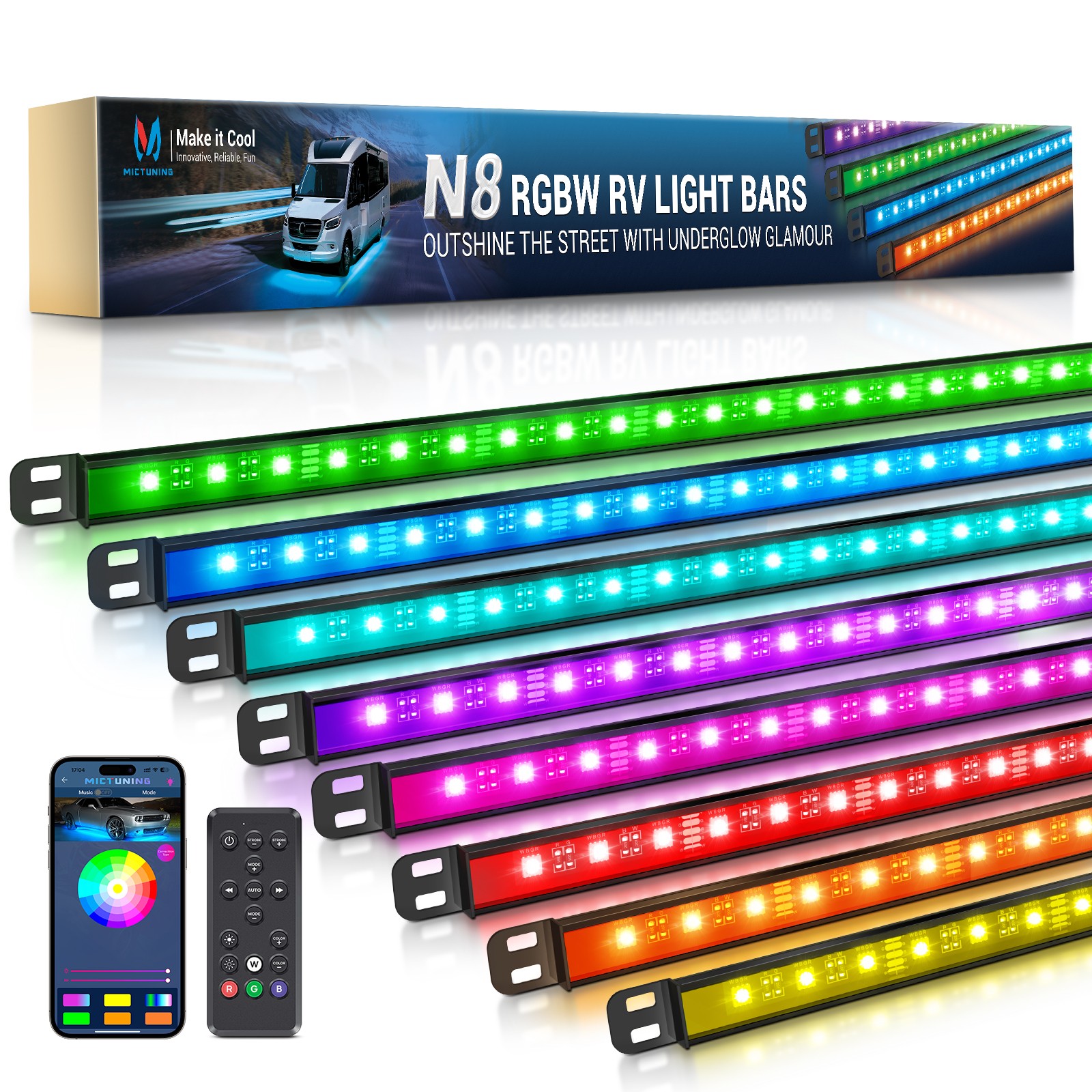 MICTUNING 8PCS RGBW Underglow Light Bars Neon Accent Underbody LED Light strip