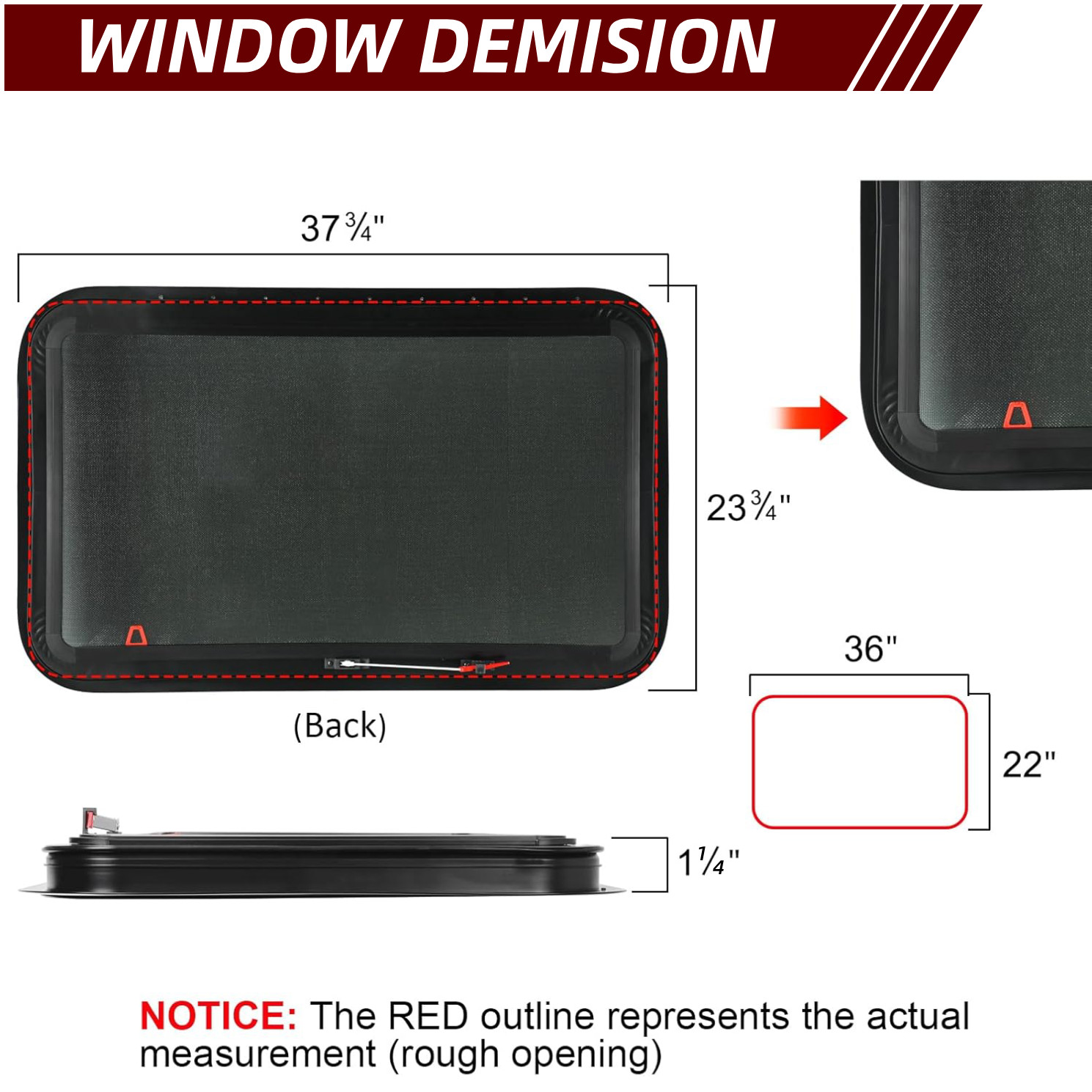 36″x22″ RV Exit Window Emergency Push Out Glass DOT Certified w/Removable Screen