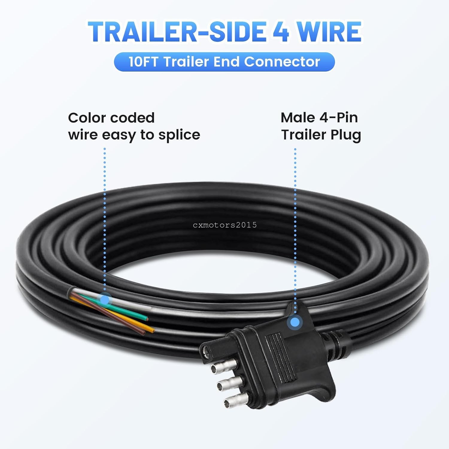 4 Way 4 Pin Flat Trailer End Connector Wiring Harness 10FT Jacketed Cable 18AWG