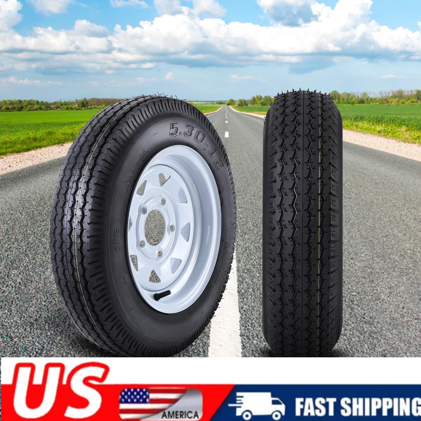 2Set 5.30-12 5.30×12 5.3-12 530-12 Trailer Tires with 12″ Rims 5 Lug on 4.5″ 6PR