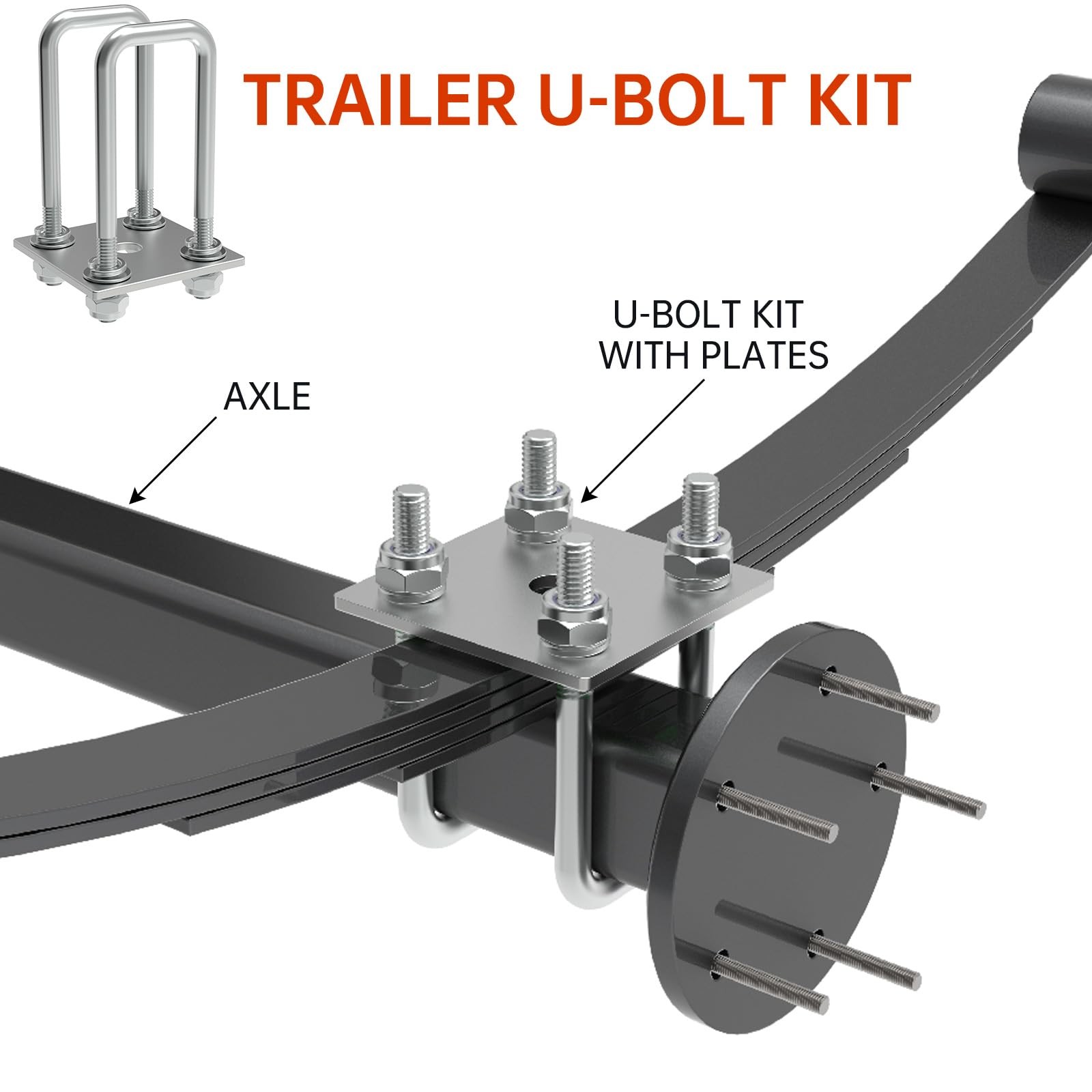 Square U-Bolt Kit for Boat Trailer Mounting Axle Leaf 2″ W x 5″ L, Zinc