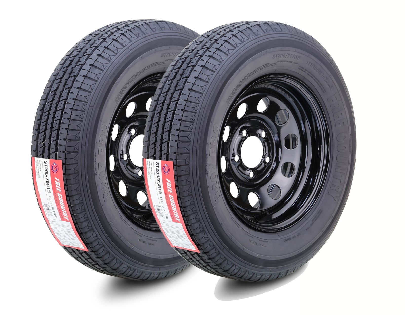 2 FREE COUNTRY ST205/75R15 Trailer Tire & Wheel 10-Ply E w/5X4.5″ Black Mod Rim