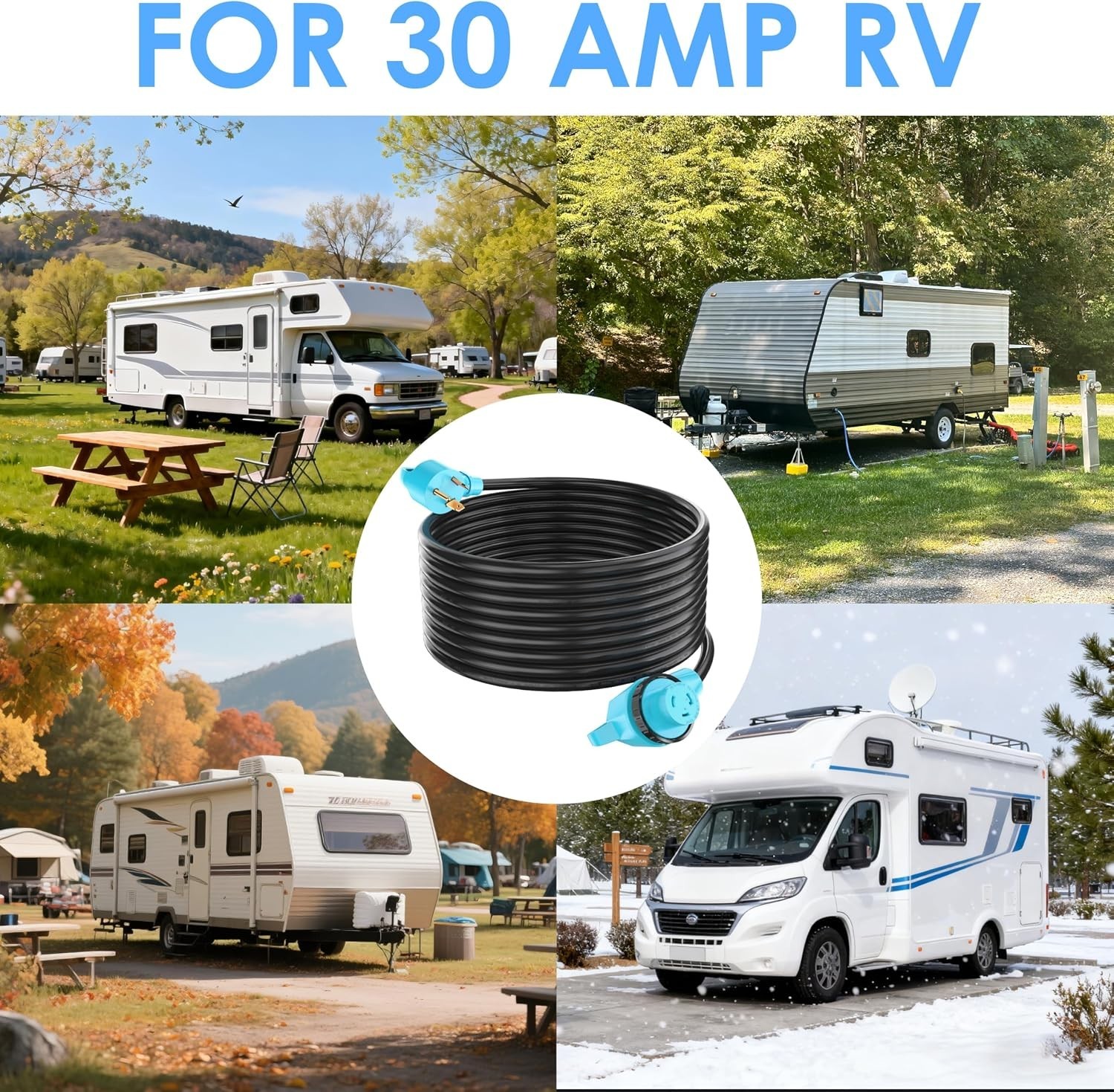 90 Degree Right Angle RV Power Cord 15 Feet with Grip Handle for Easy Use