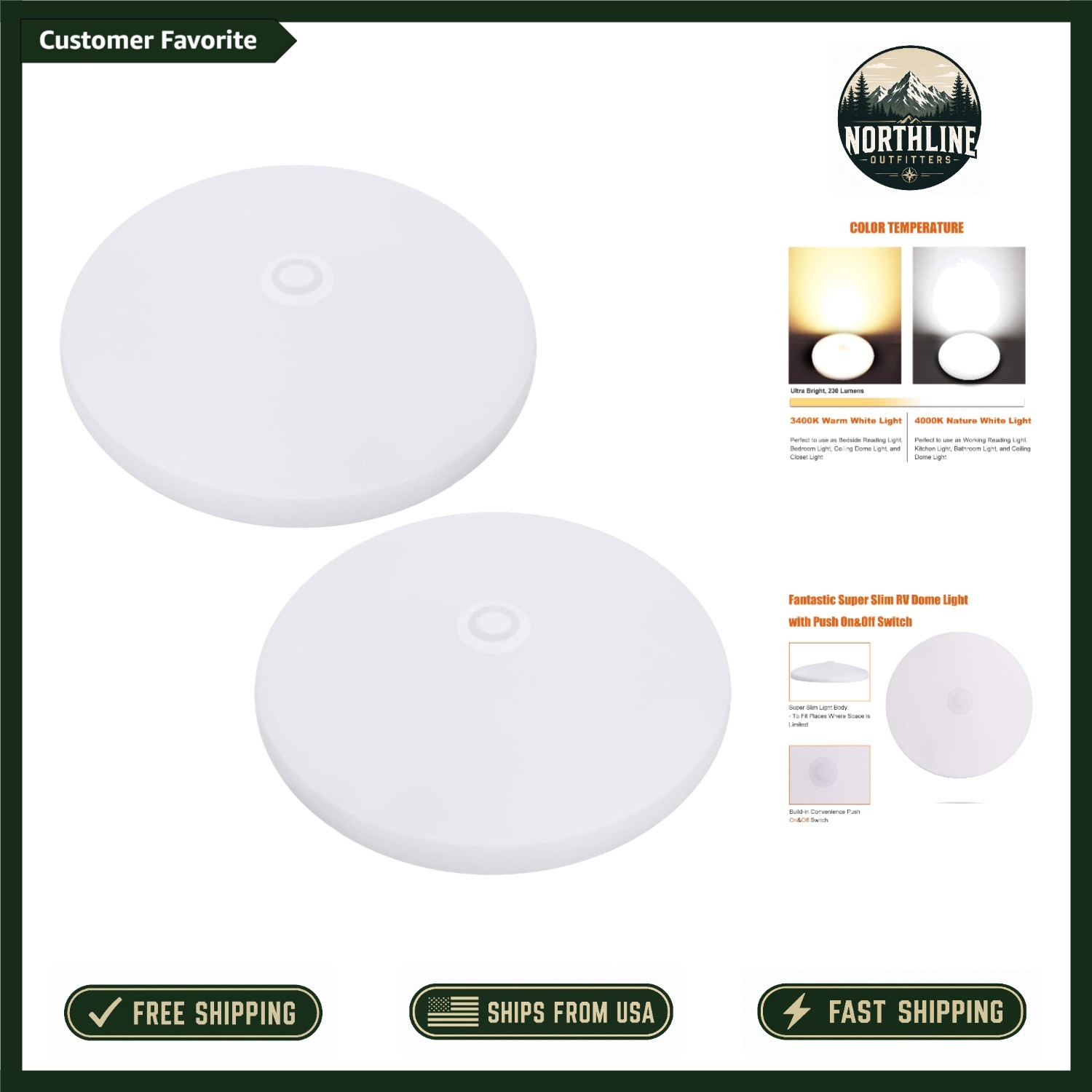 2-Pack 12V LED Puck Lights, Ultra Slim 3.5” – cETL Certified, 230 Lumens