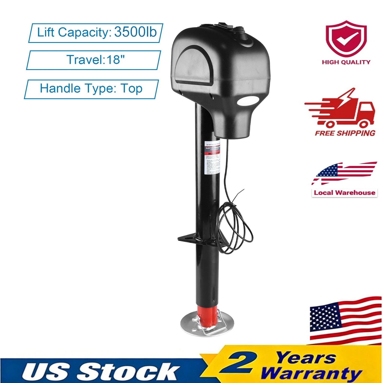 3500lbs Electric Trailer Jack Heavy-Gauge Steel 12V DC w/LED Light Backup Camper