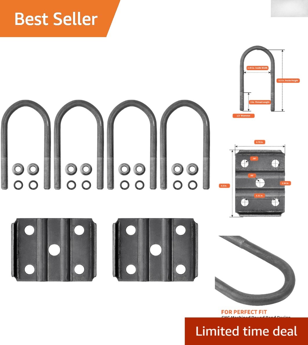 High-Strength U Bolt Kit for 3,500 lb Trailers – 4 U Bolts, Nuts & Tie Plates