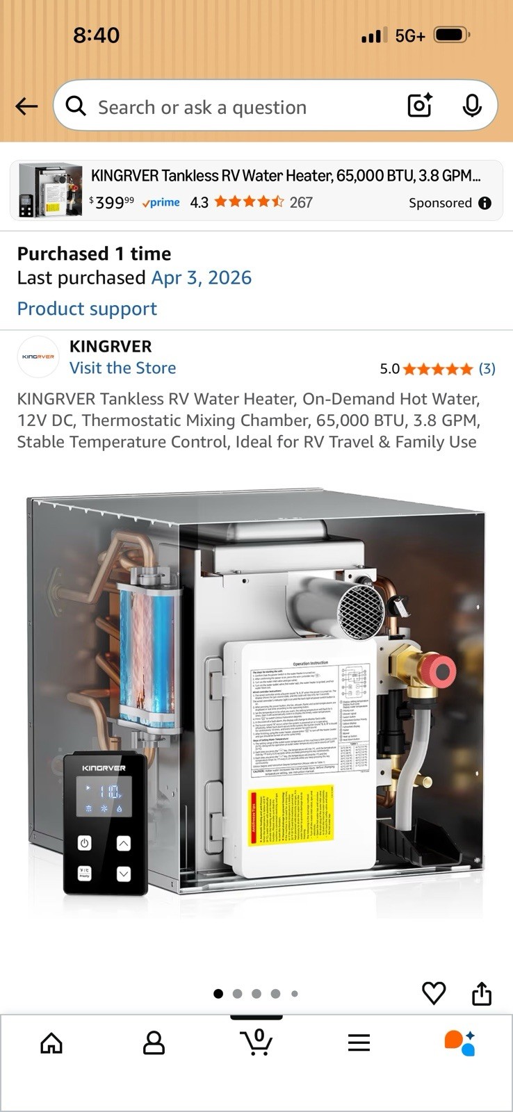 KINGRVER RV Tankless Water Heater without Door Propane Gas 65,000 BTU DC 12V