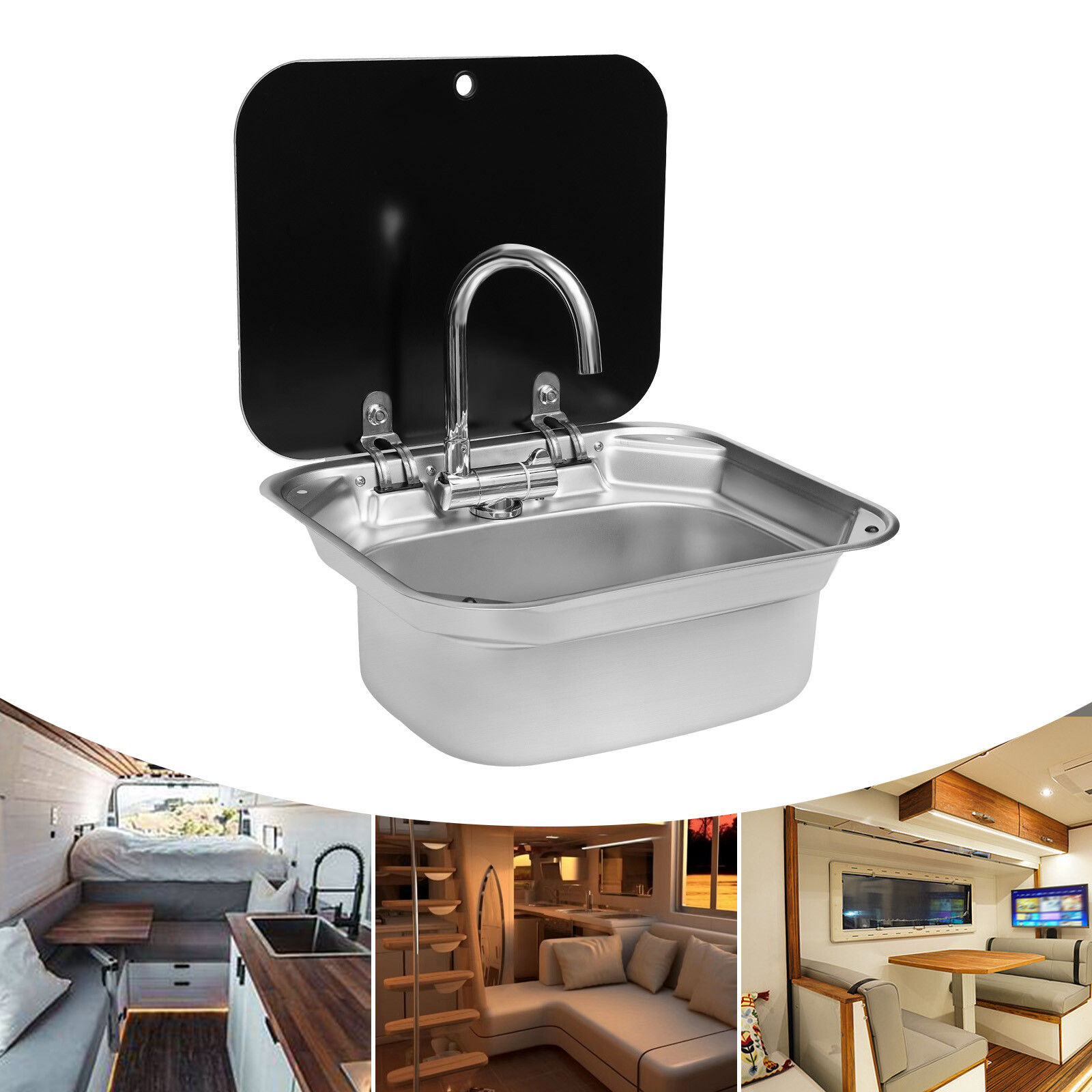 Folding RV Kitchen Sink Unit Square with Stainless Steel Faucet Lid Caravan