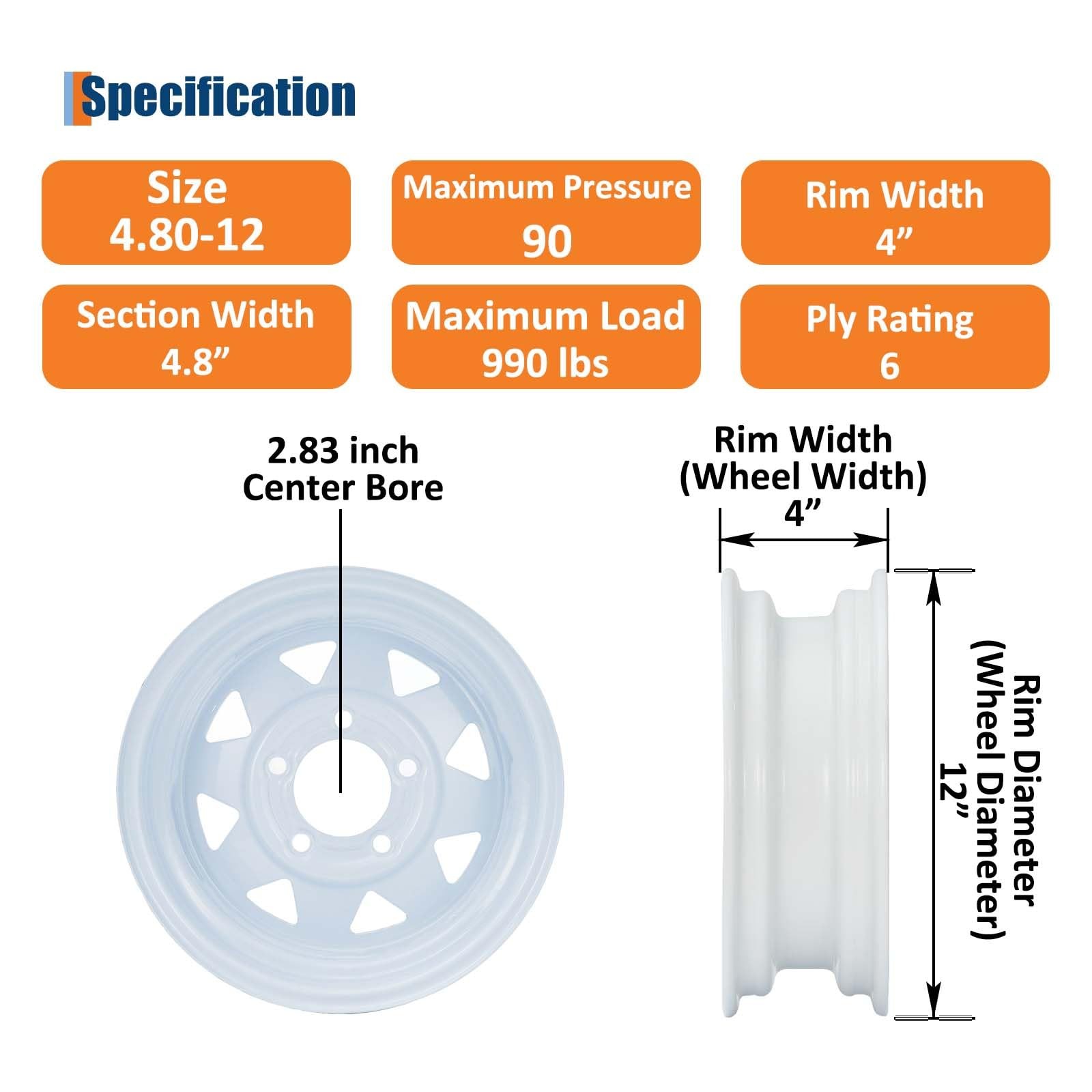 ✅Trailer Tire and Wheel 5 Lug on 4.5″ White Modular Wheel 12 Inch Tires 4.80-12