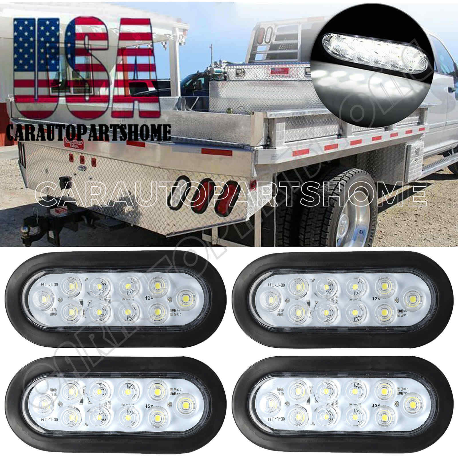 4pc White 6″ Oval Trailer Lights 10 LED Stop Turn Tail Truck Sealed Grommet Plug