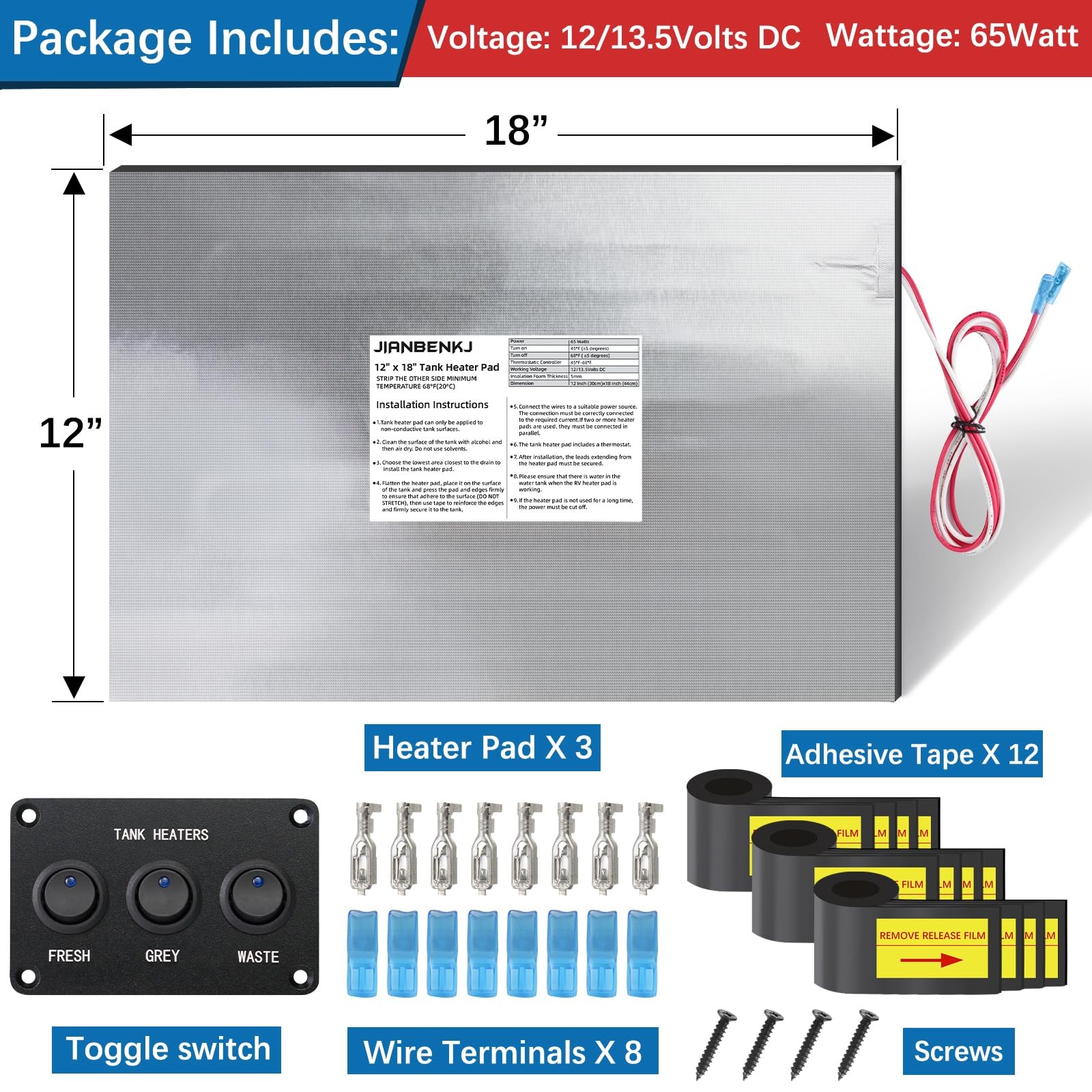 RV Tank Heater Pad 12V/13.5V,12″x18″RV Holding Silver
