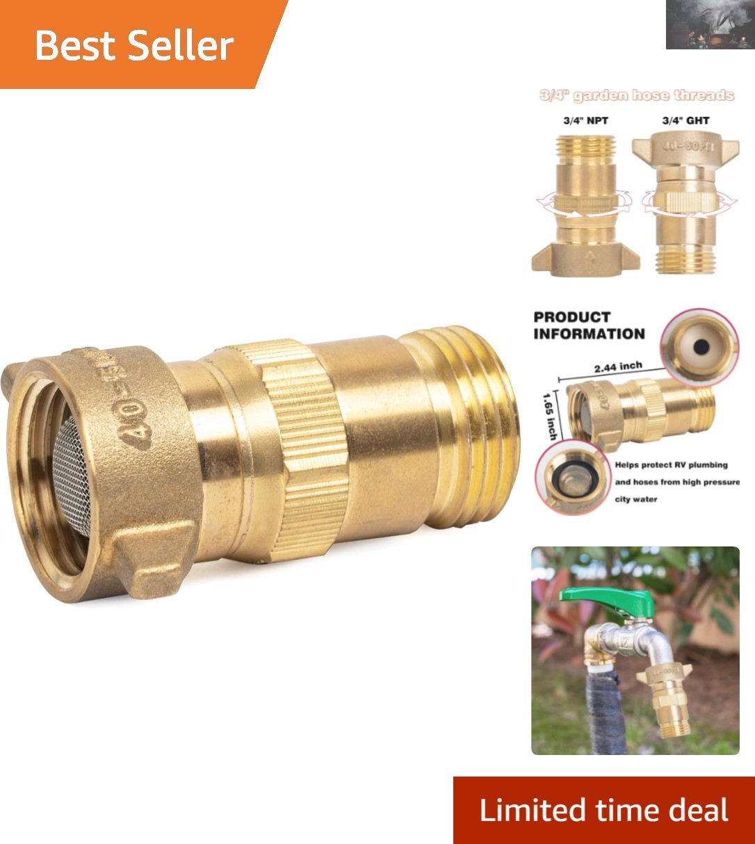 Lead-Free Brass Water Regulator for RVs: Adjustable 40-50 PSI Pressure Control