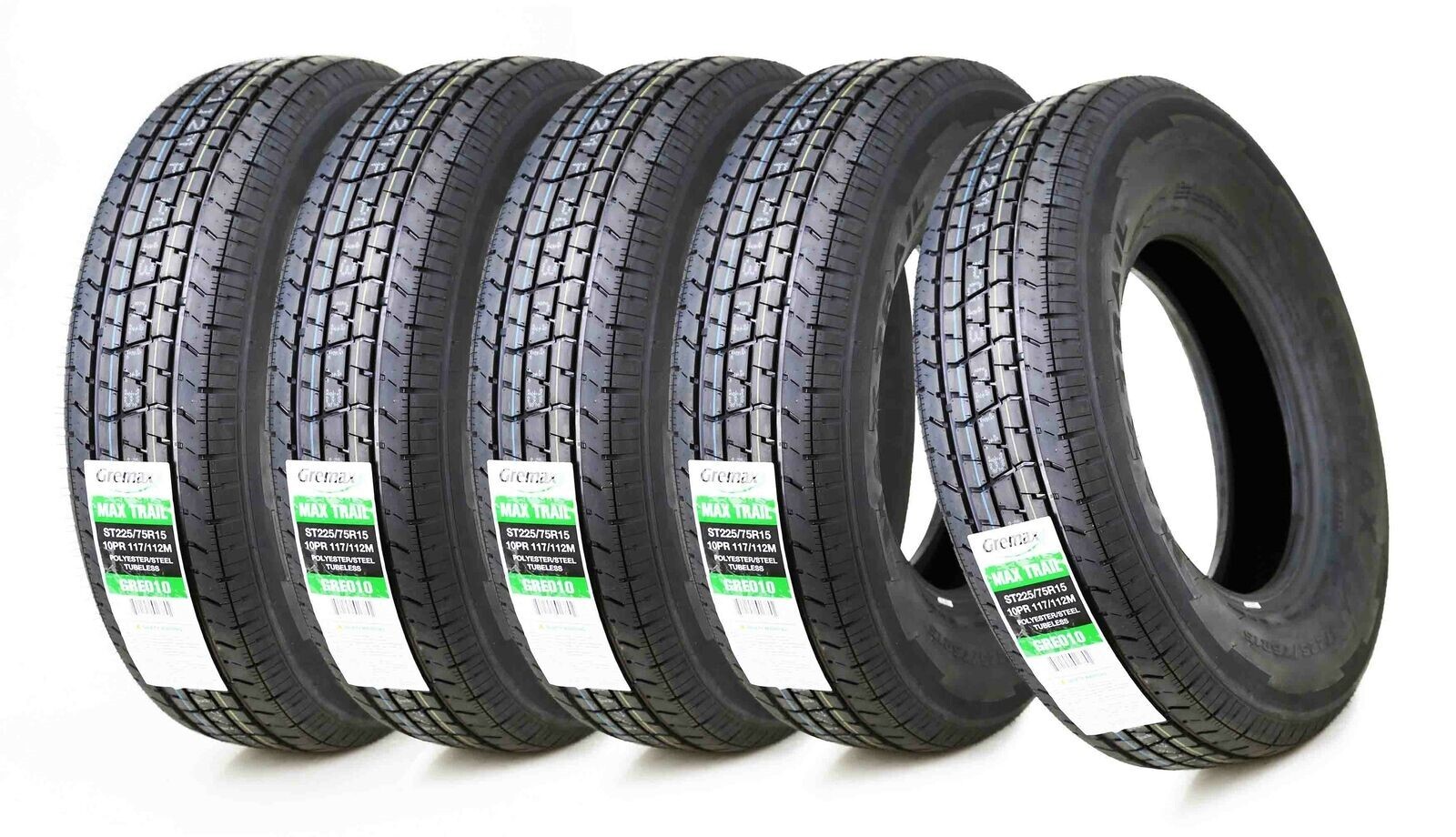 Trailer Tires ST225/75R15 GREMAX 10 Ply LR E 117/112M Steel Belted Radial -Set 5
