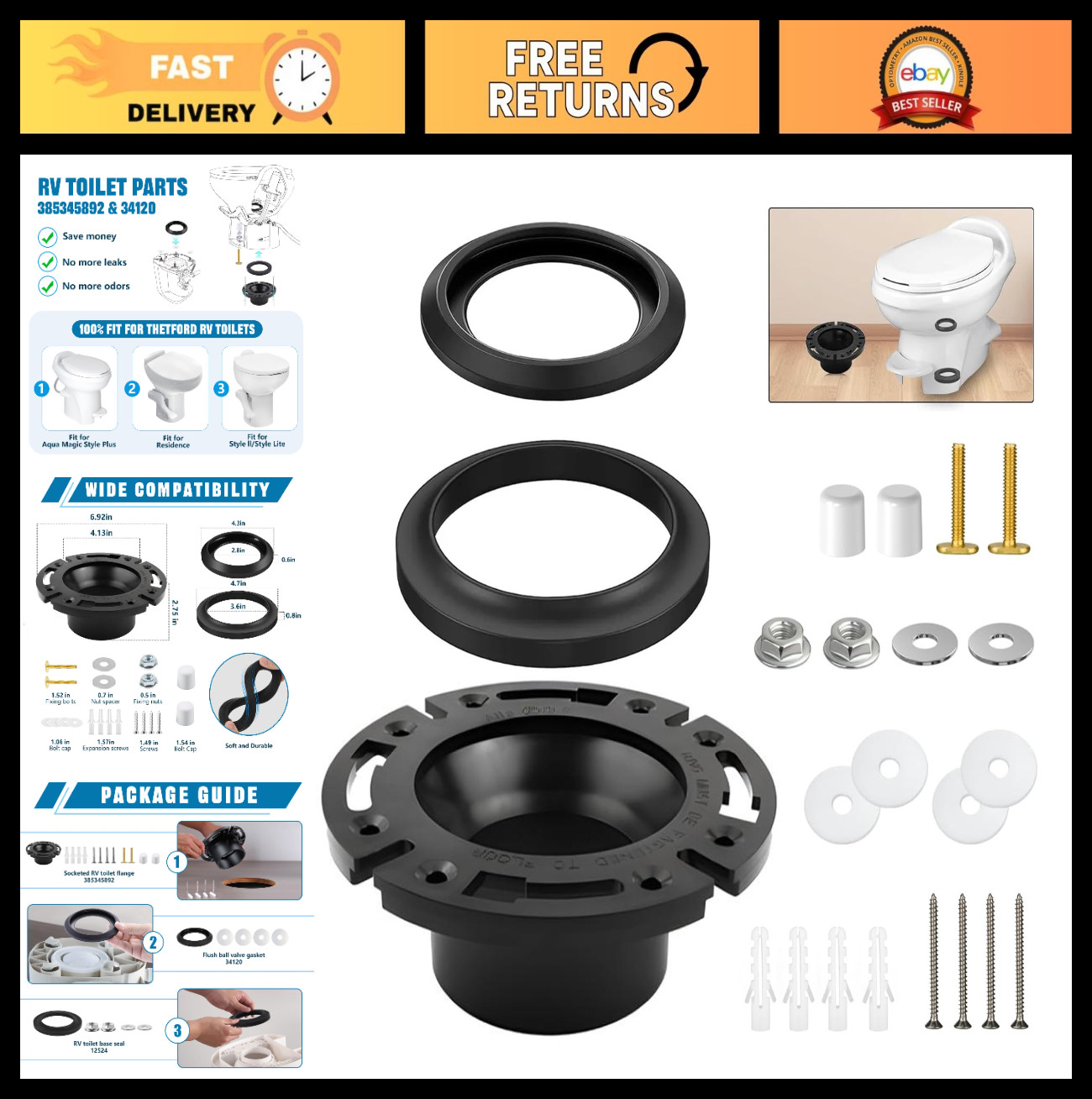 3in RV Toilet Flange & Waste Ball Seal Kit for Aqua Magic Series | Repair Parts