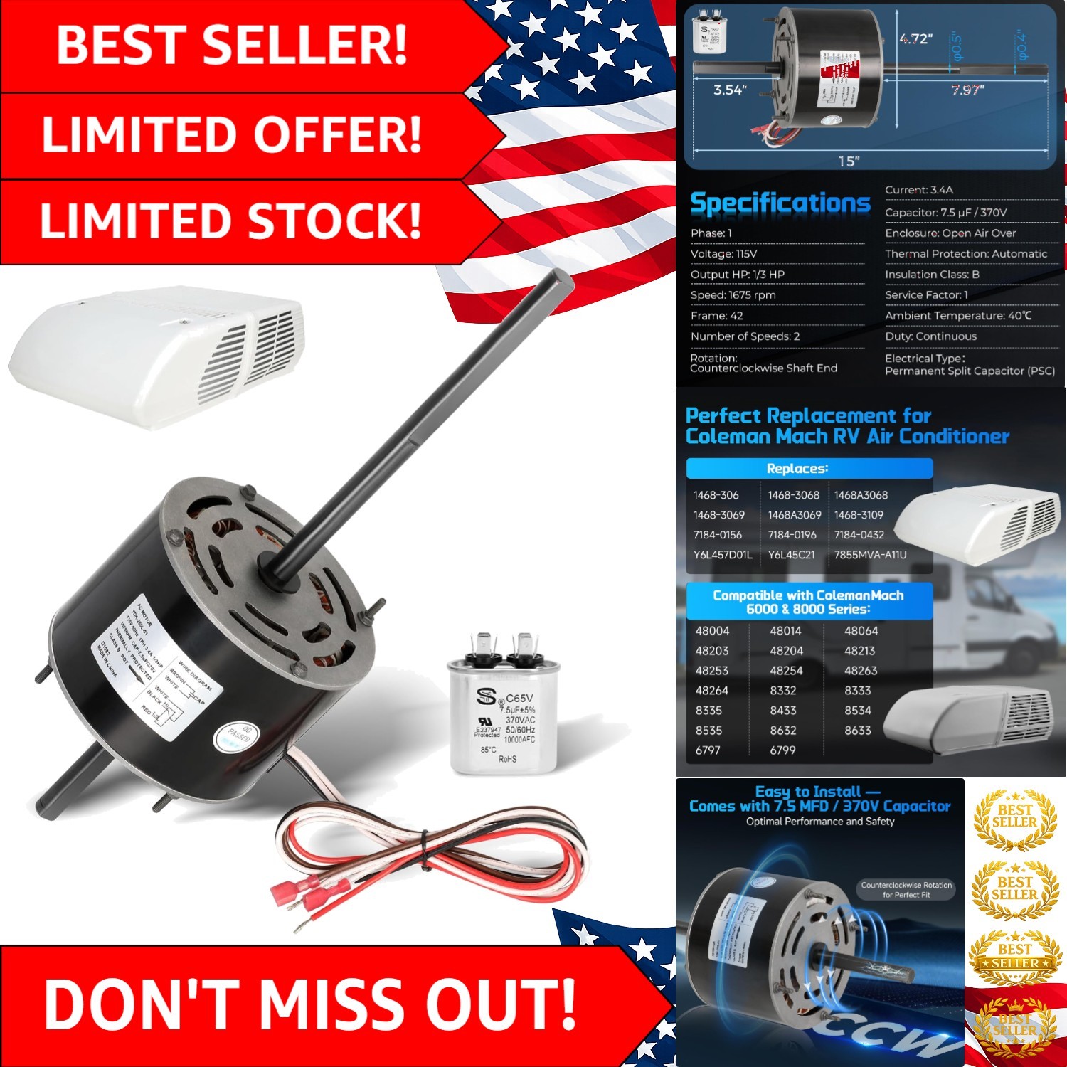 Compact 1/3 HP RV Air Conditioner Fan Motor with Capacitor & Metal Design
