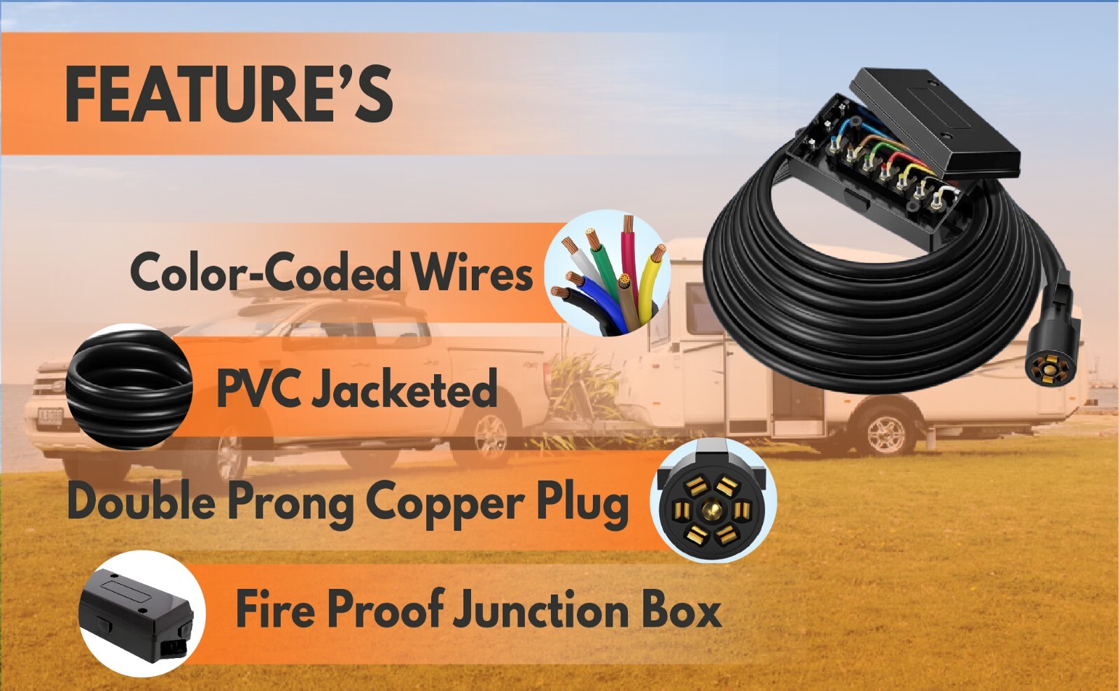 7 Way Inline Plug w/Junction Box Cord 8FT Trailer Wiring Harness Kit