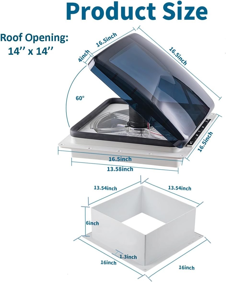 RV Vent Fan Roof 12V Remote Control 14 x 14 inches 14 inch opening, Smoke