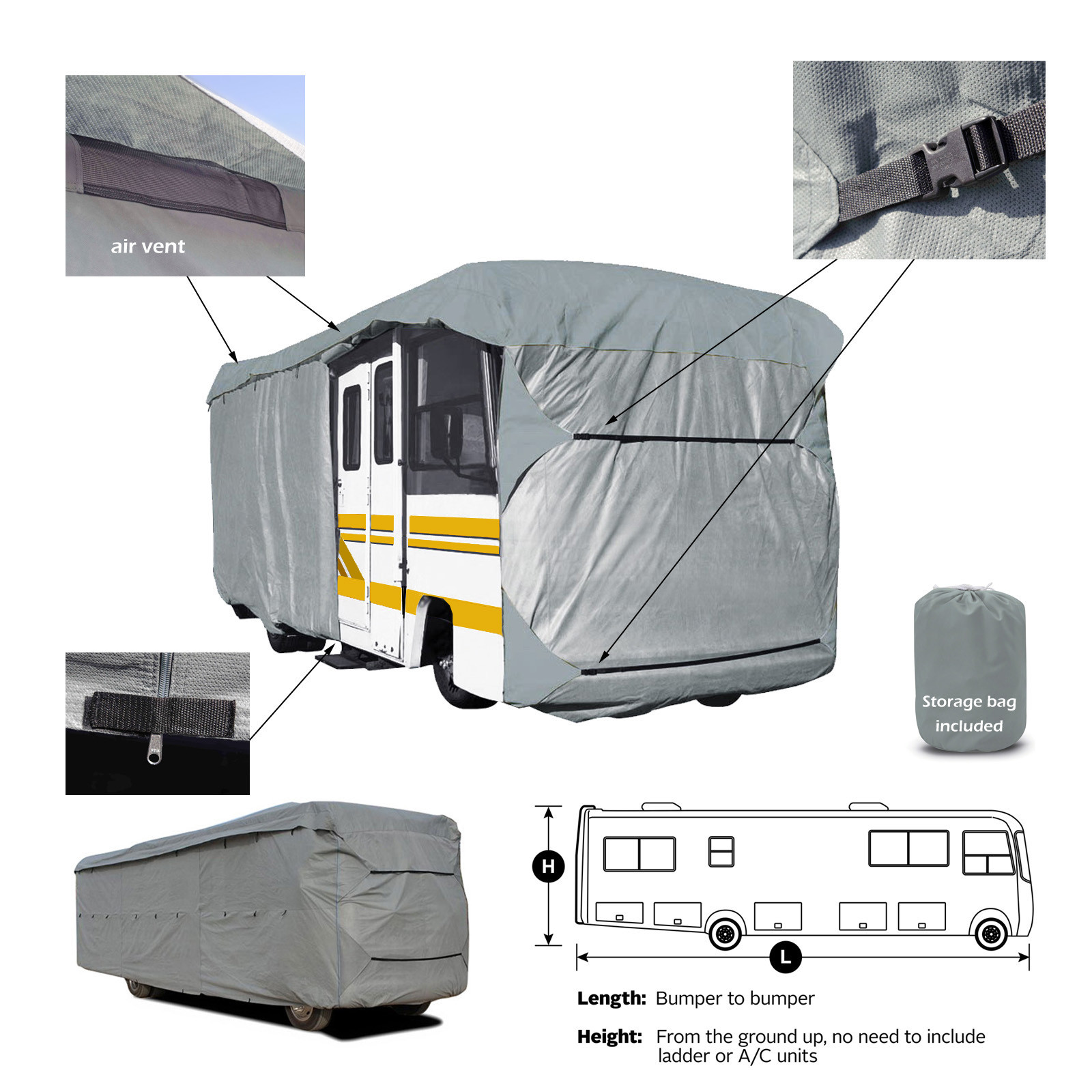 34 ft -35 ft Deluxe 4-Layer Heavy duty Class A Motorhome RV Camper Storage Cover
